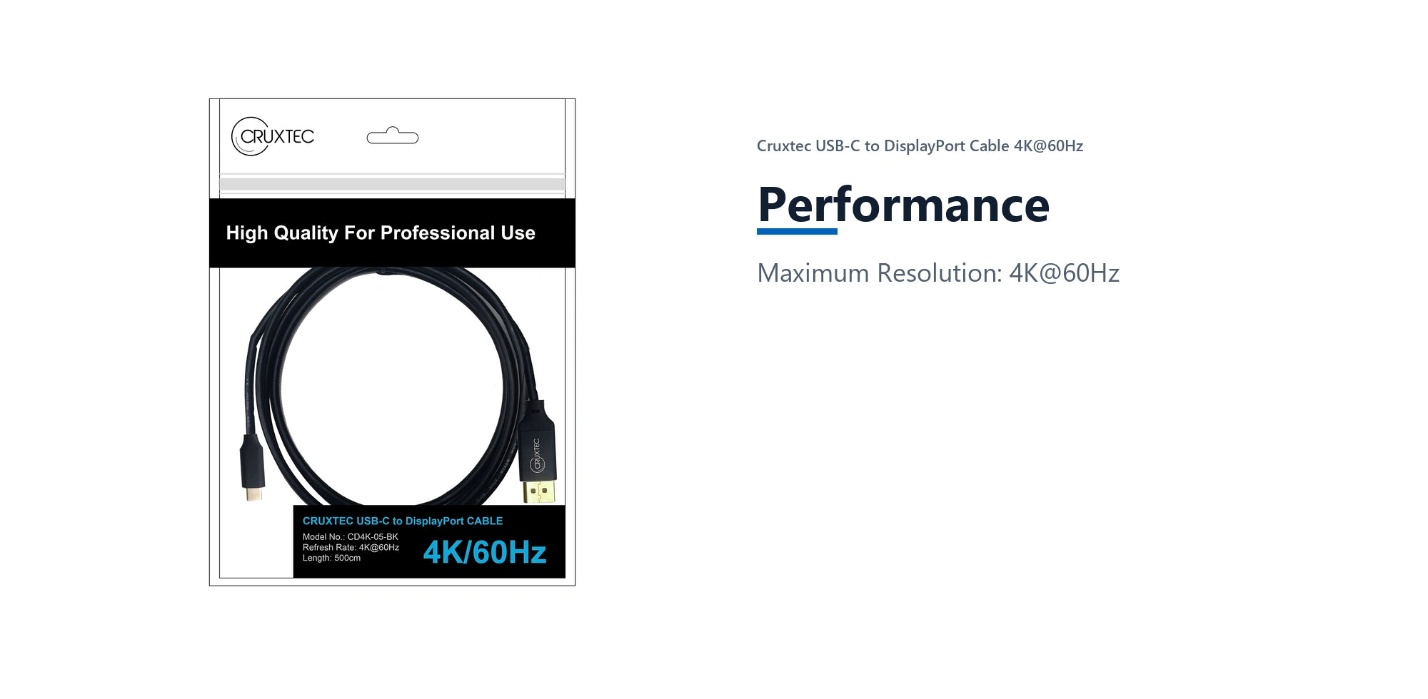 Cruxtec USB-C to DisplayPort Cable 4K@60Hz (Black 5m) performance detail image with verified product information