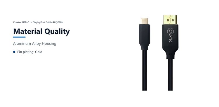 Cruxtec USB-C to DisplayPort Cable 4K@60Hz (Black 5m) material quality detail image with verified product information