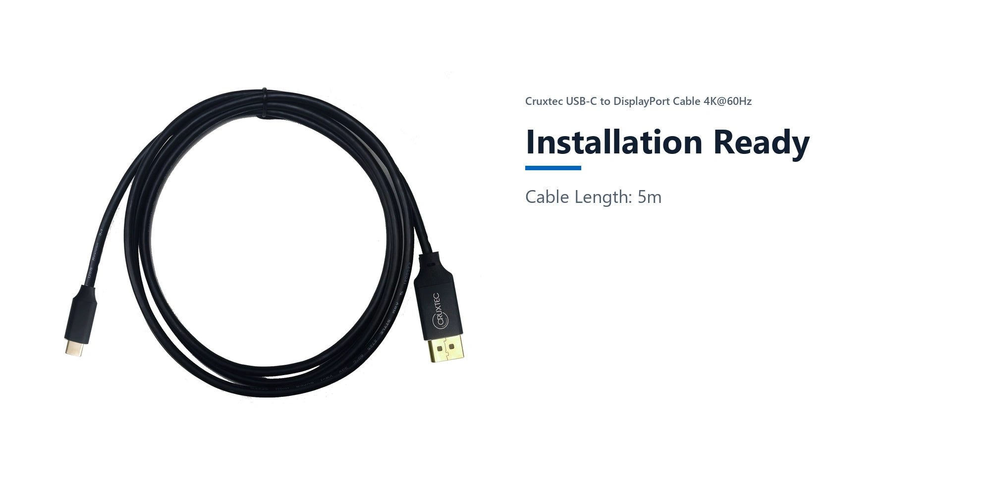 Cruxtec USB-C to DisplayPort Cable 4K@60Hz (Black 5m) installation ready detail image with verified product information