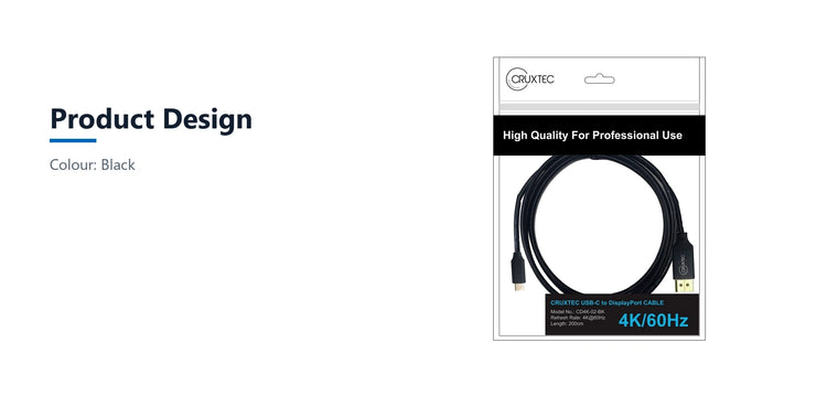 Cruxtec USB-C to DisplayPort Cable 4K@60Hz (Black 5m) product design detail image with verified product information