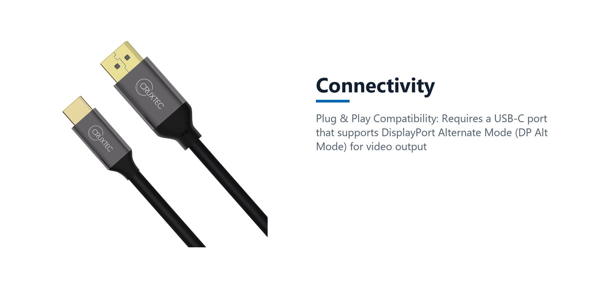 Cruxtec USB-C to DisplayPort V1.2 Cable 4K/60Hz (Black 1m) connectivity detail image with verified product information