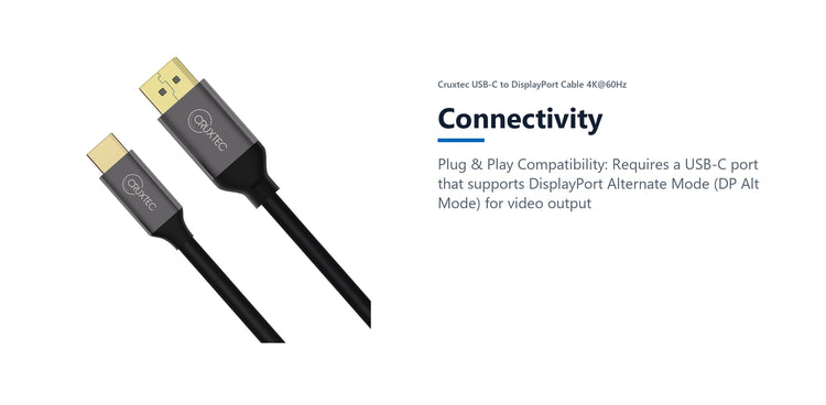 Cruxtec USB-C to DisplayPort Cable 4K@60Hz (Black 1m) connectivity detail image with verified product information