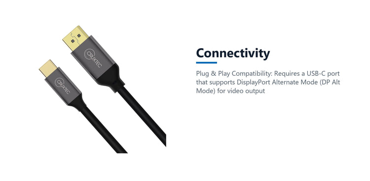 Cruxtec USB-C to DisplayPort V1.2 Cable 4K/60Hz (Black 2m) connectivity detail image with verified product information