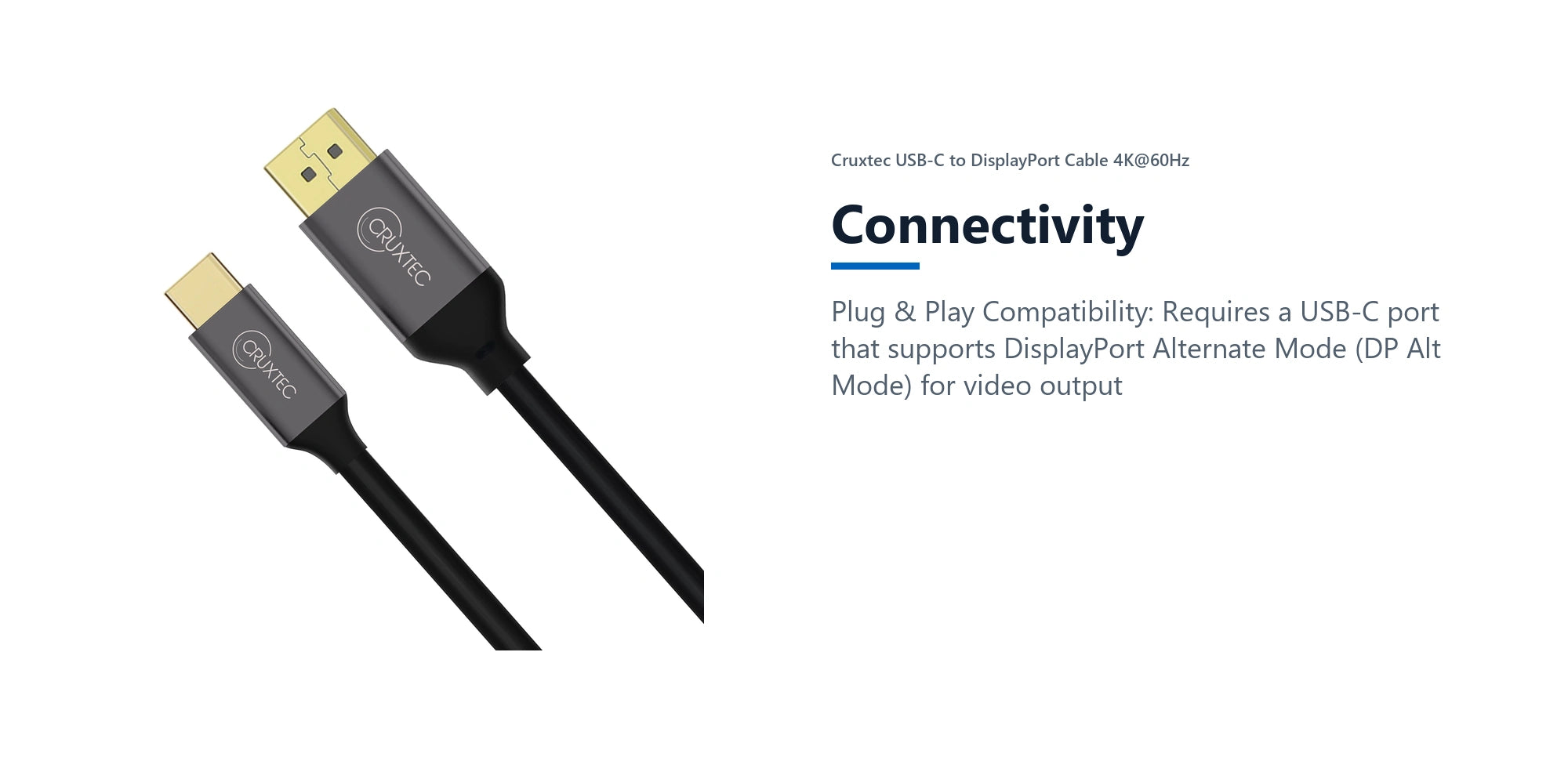 Cruxtec USB-C to DisplayPort Cable 4K@60Hz (Black 2m) connectivity detail image with verified product information