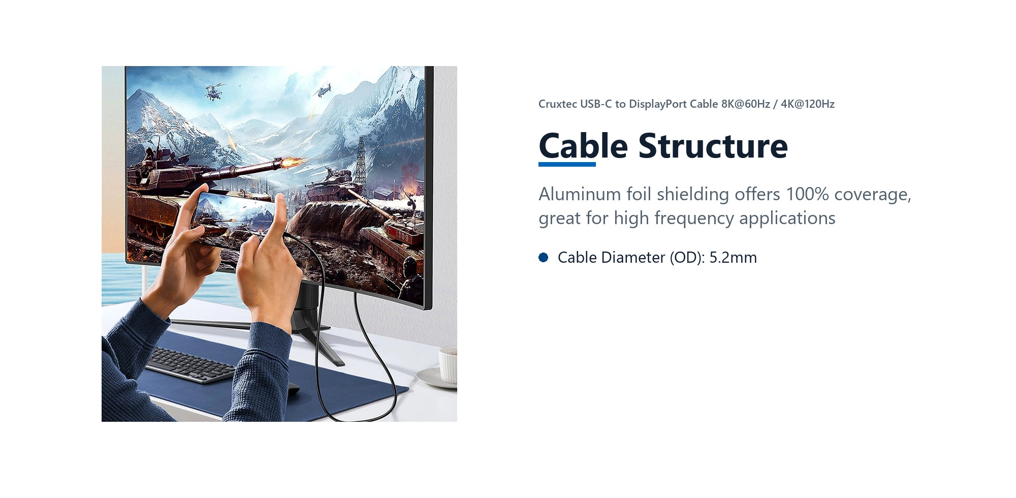 Cruxtec USB-C to DisplayPort Cable 8K@60Hz / 4K@120Hz (Black 1m) cable structure detail image with verified product information