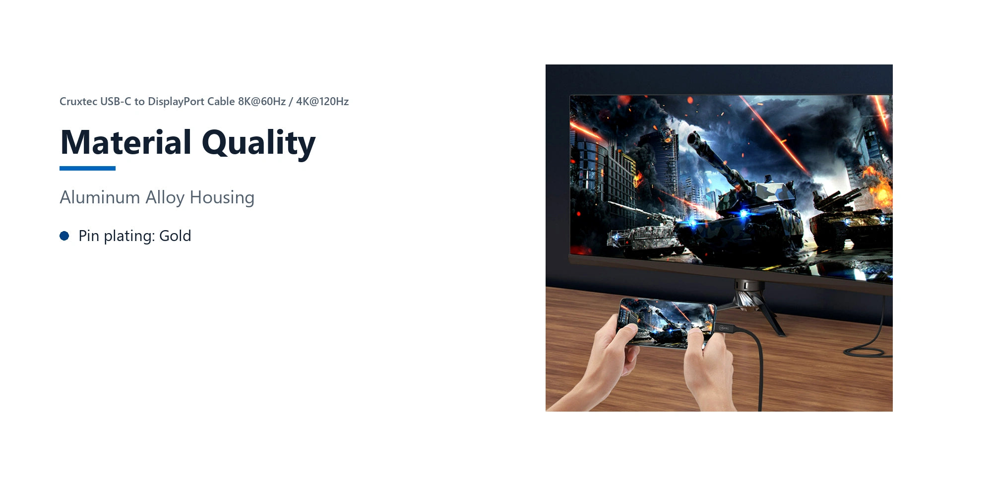 Cruxtec USB-C to DisplayPort Cable 8K@60Hz / 4K@120Hz (Black 1m) material quality detail image with verified product information