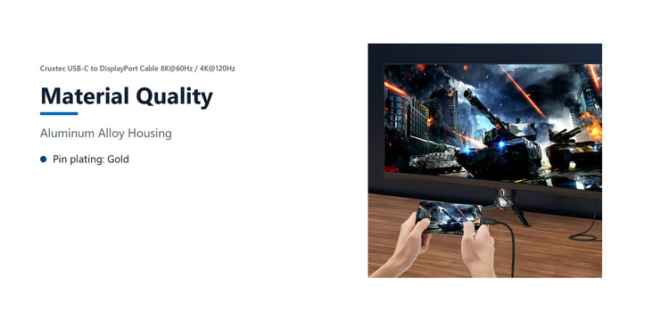 Cruxtec USB-C to DisplayPort Cable 8K@60Hz / 4K@120Hz (Black 1m) material quality detail image with verified product information