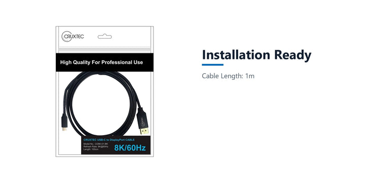 Cruxtec USB-C to DisplayPort Cable 8K@60Hz / 4K@120Hz (Black 1m) installation ready detail image with verified product information