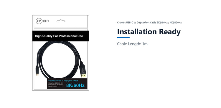 Cruxtec USB-C to DisplayPort Cable 8K@60Hz / 4K@120Hz (Black 1m) installation ready detail image with verified product information