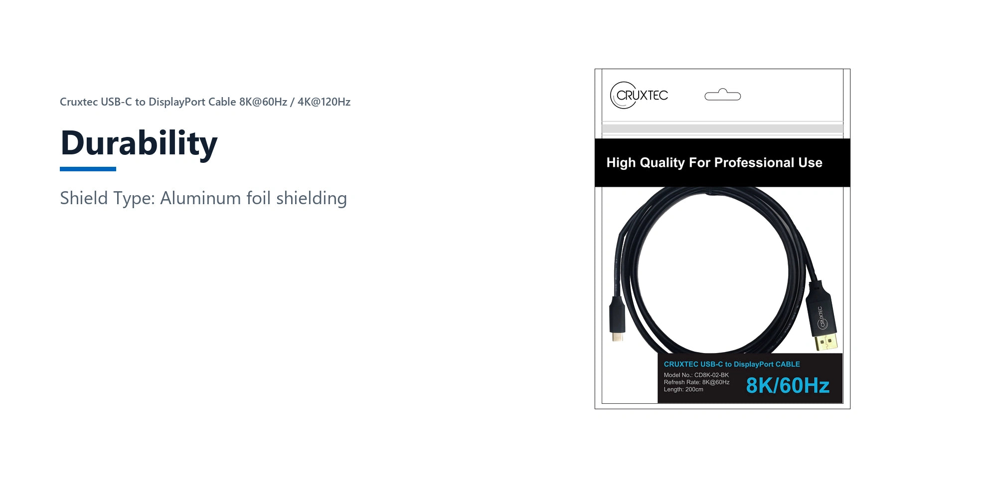 Cruxtec USB-C to DisplayPort Cable 8K@60Hz / 4K@120Hz (Black 1m) durability detail image with verified product information