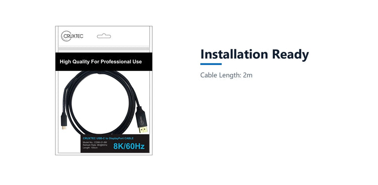 Cruxtec USB-C to DisplayPort Cable 8K@60Hz / 4K@120Hz (Black 2m) installation ready detail image with verified product information