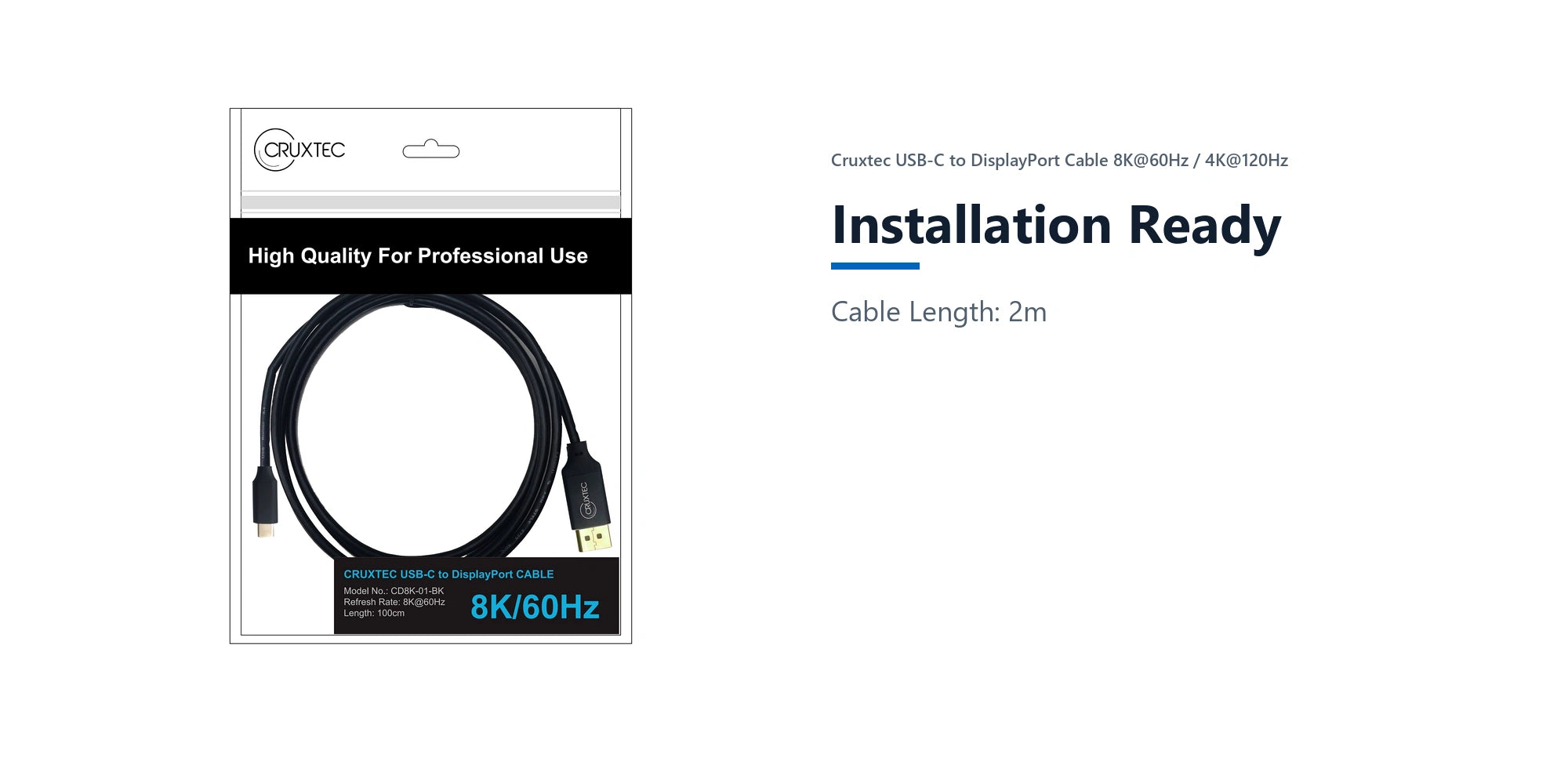 Cruxtec USB-C to DisplayPort Cable 8K@60Hz / 4K@120Hz (Black 2m) installation ready detail image with verified product information