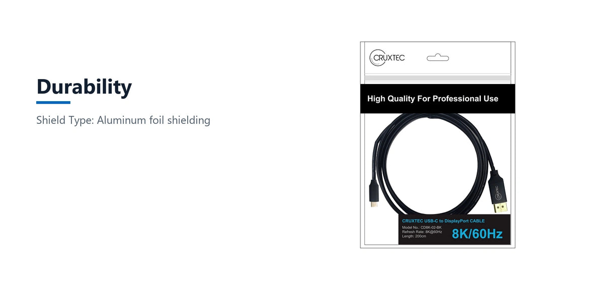 Cruxtec USB-C to DisplayPort Cable 8K@60Hz / 4K@120Hz (Black 2m) durability detail image with verified product information
