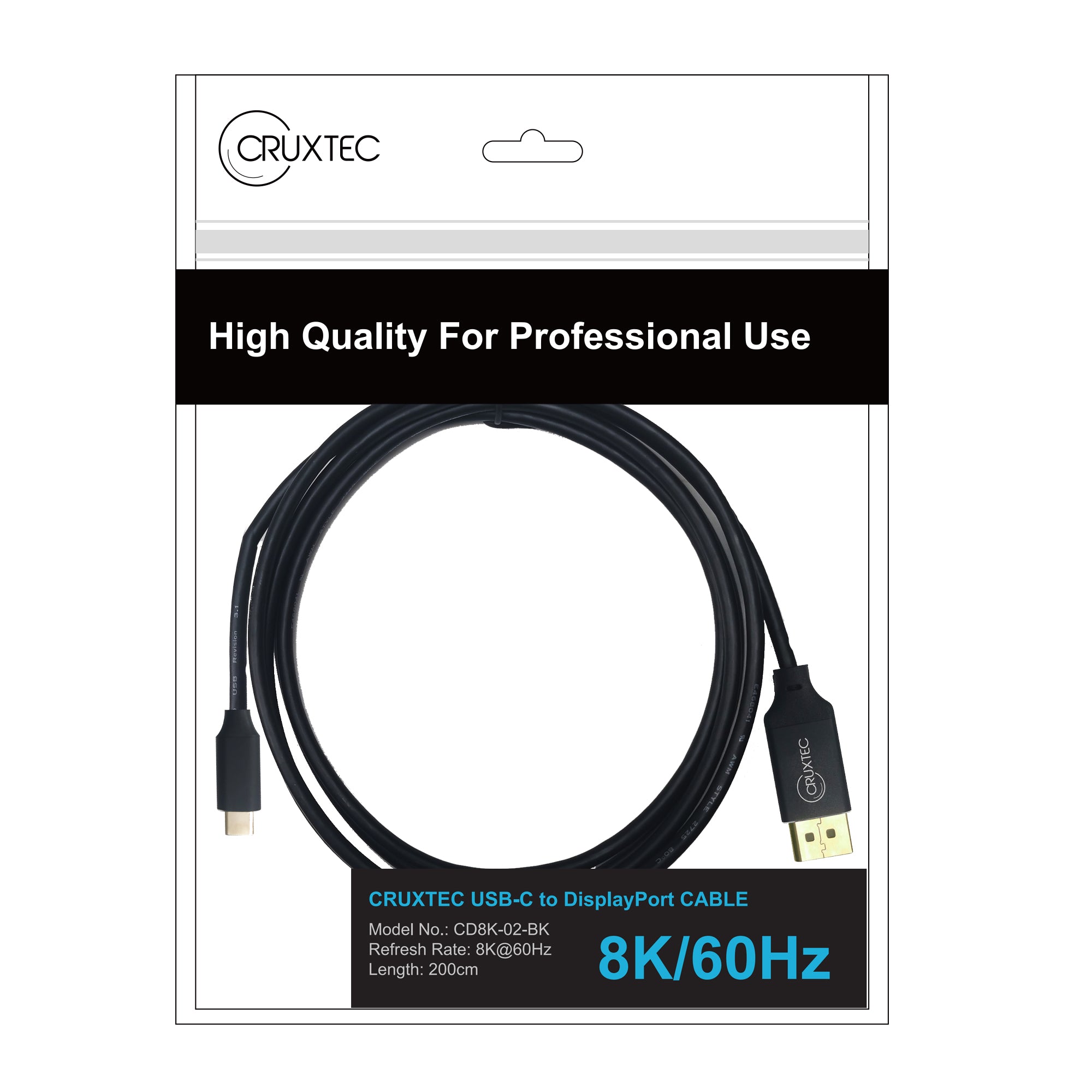 Cruxtec USB-C to DisplayPort Cable 8K@60Hz / 4K@120Hz (Black 1m) image