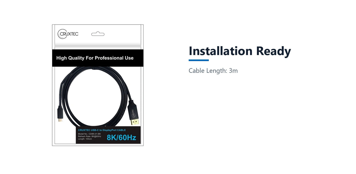 Cruxtec USB-C to DisplayPort Cable 8K@60Hz / 4K@120Hz (Black 3m) installation ready detail image with verified product information