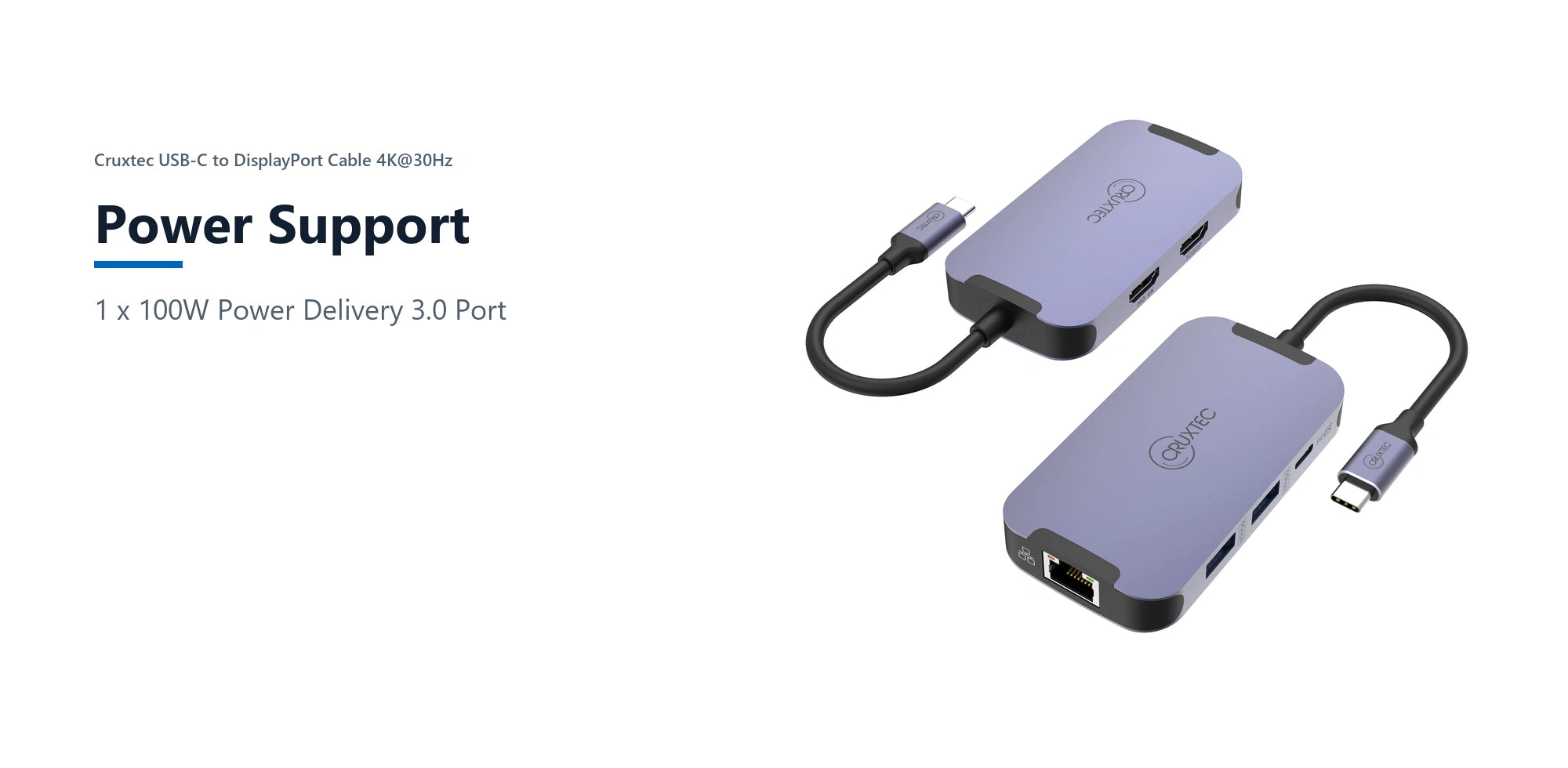 Cruxtec 6-in-1 USB-C to Dual HDMI Mini Dock power support detail image with verified product information