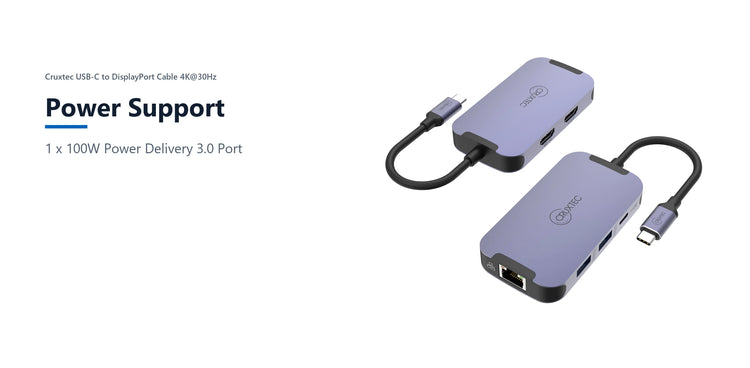 Cruxtec 6-in-1 USB-C to Dual HDMI Mini Dock power support detail image with verified product information