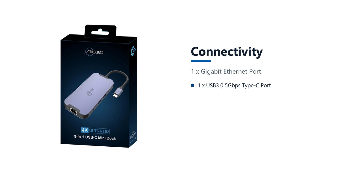 Cruxtec 10-in-1 USB-C to Dual HDMI Mini Dock connectivity detail image with verified product information