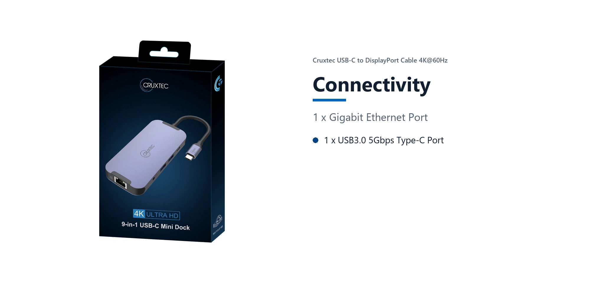 Cruxtec 10-in-1 USB-C to Dual HDMI Mini Dock connectivity detail image with verified product information