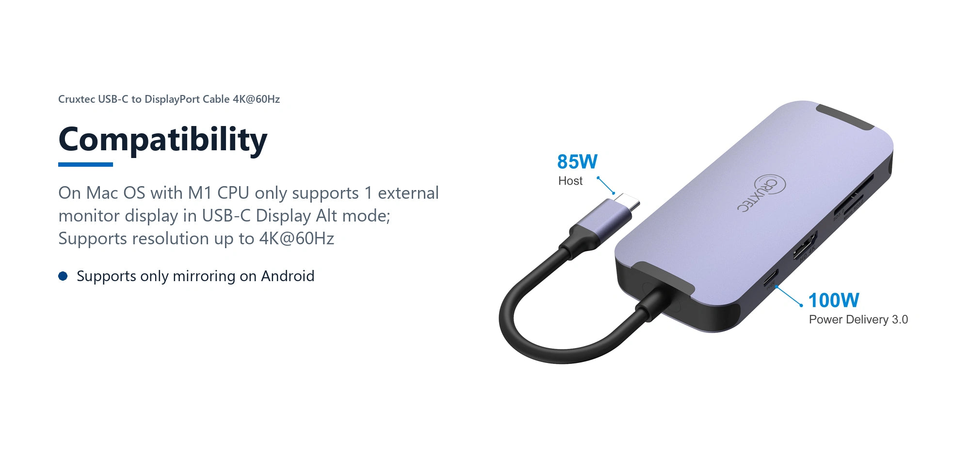 Cruxtec 10-in-1 USB-C to Dual HDMI Mini Dock compatibility detail image with verified product information