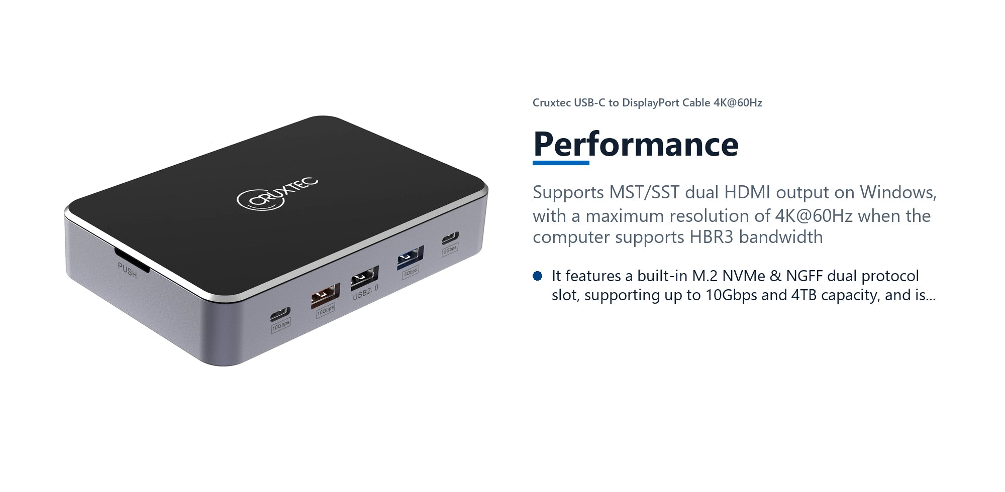 Cruxtec Universal 14-in-1 USB-C Multifunctional Docking Station with SSD Enclosure performance detail image with verified product information