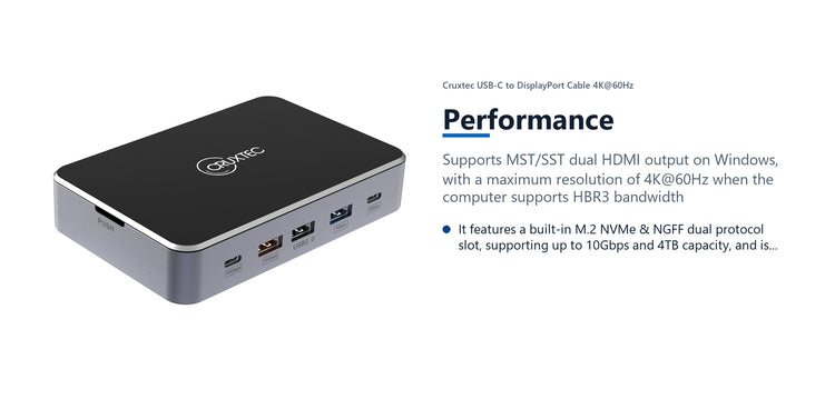 Cruxtec Universal 14-in-1 USB-C Multifunctional Docking Station with SSD Enclosure performance detail image with verified product information