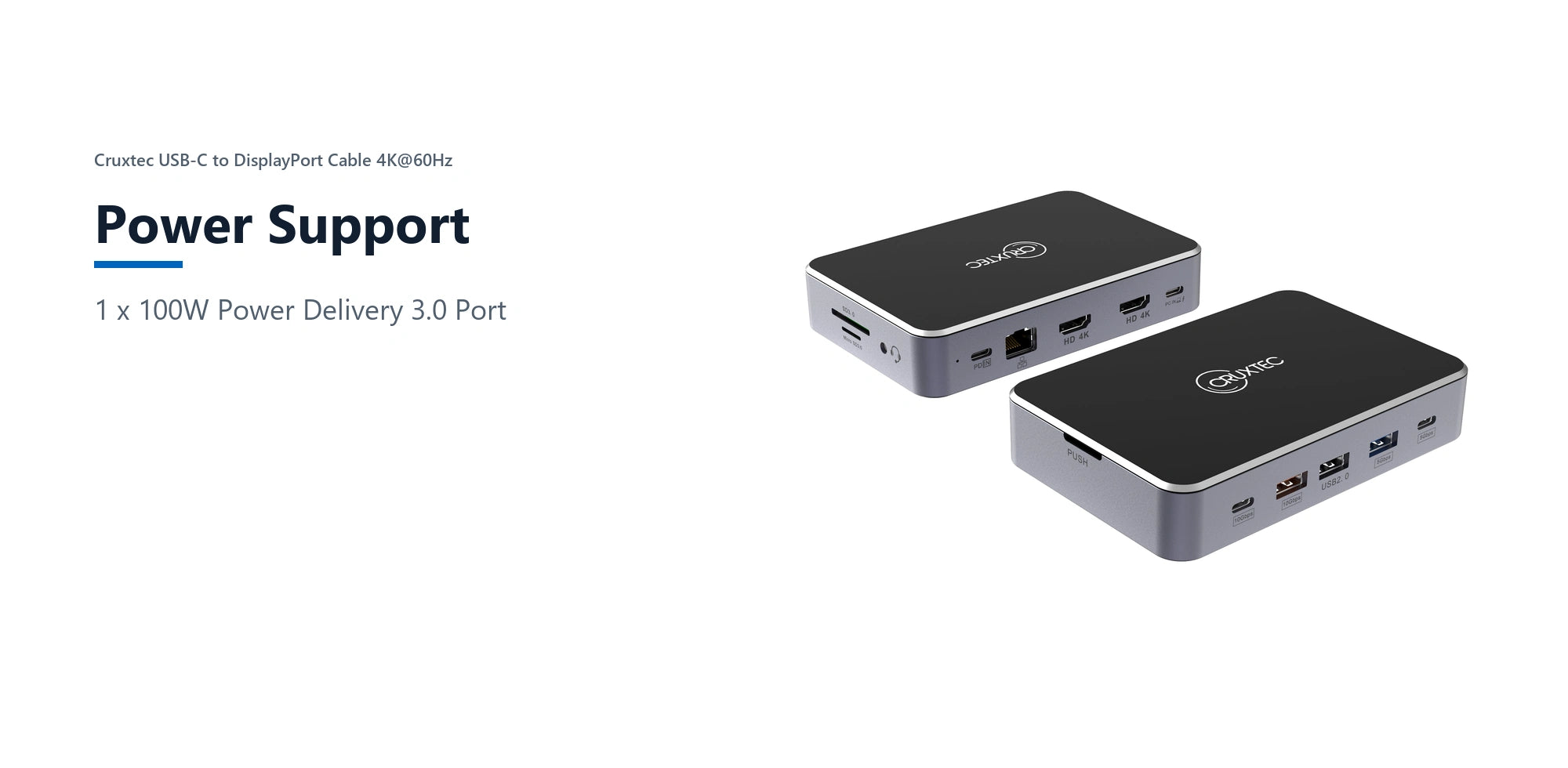 Cruxtec Universal 14-in-1 USB-C Multifunctional Docking Station with SSD Enclosure power support detail image with verified product information