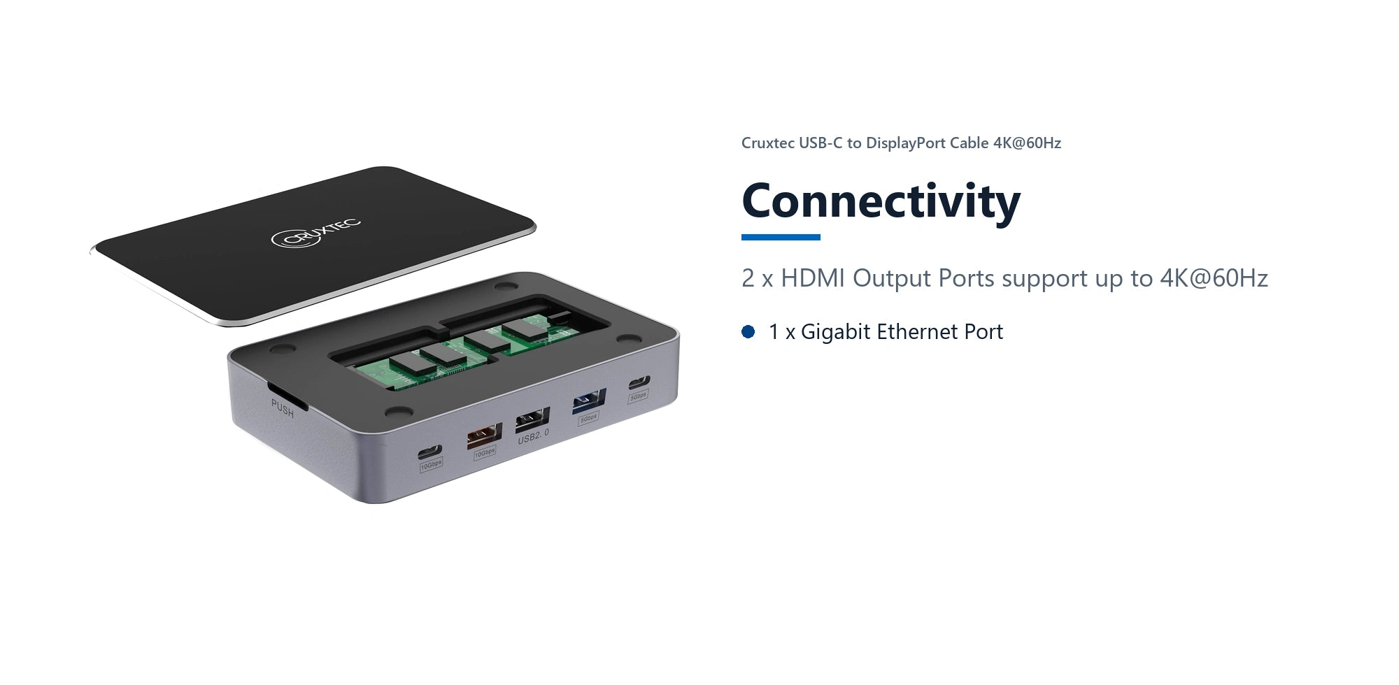 Cruxtec Universal 14-in-1 USB-C Multifunctional Docking Station with SSD Enclosure connectivity detail image with verified product information