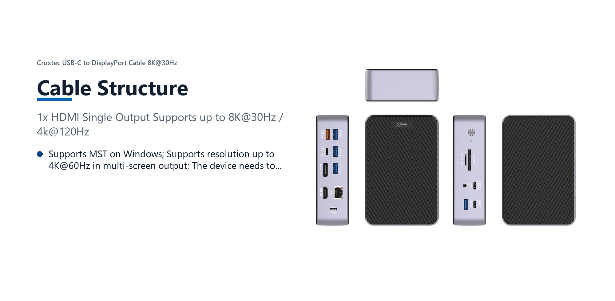 Cruxtec Universal 15-in-1 USB-C Multifunctional Docking Station cable structure detail image with verified product information