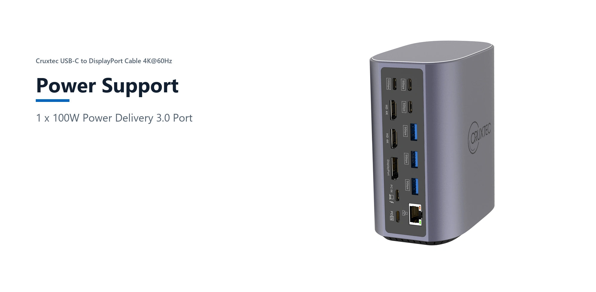 Cruxtec Universal 17-in-1 USB-C Multifunctional Docking Station power support detail image with verified product information