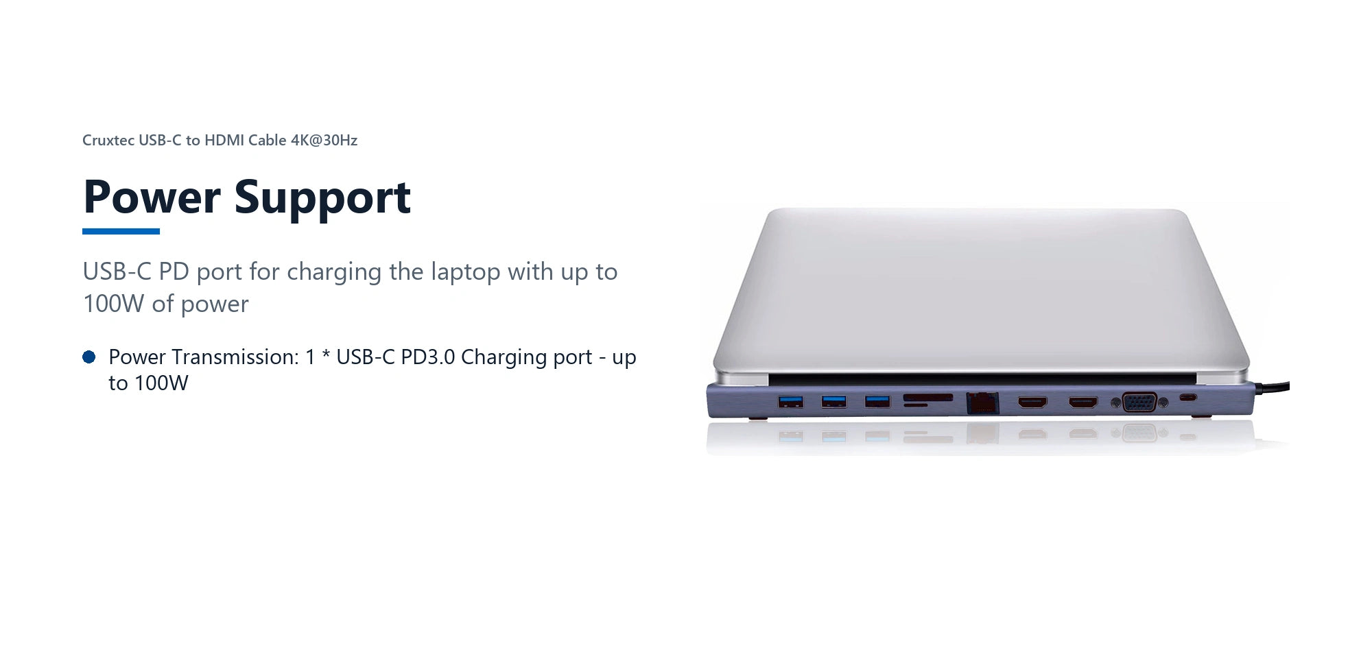 Cruxtec 11-in-1 USB-C Multifunction Docking Station with 100W PD power support detail image with verified product information