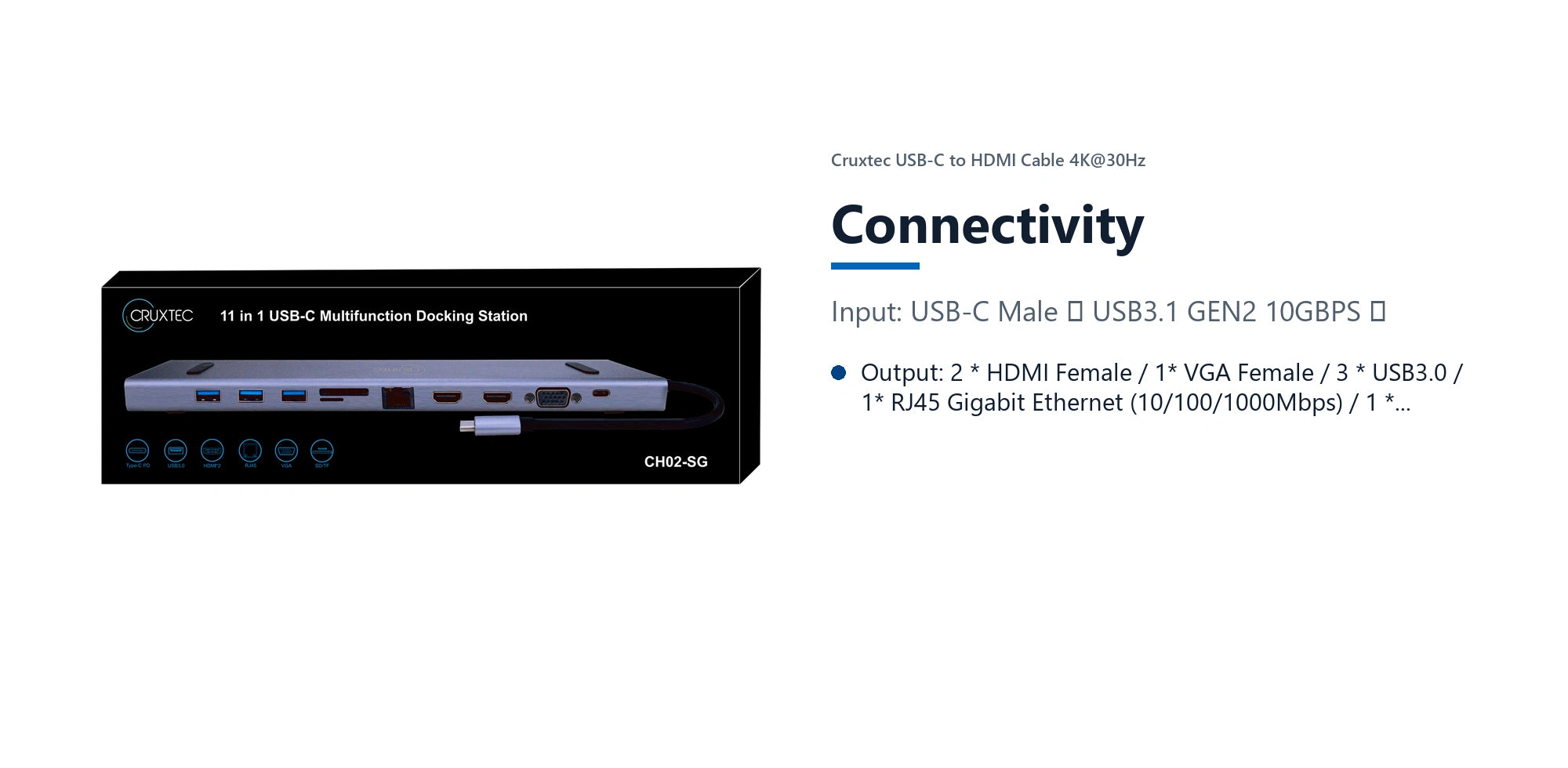 Cruxtec 11-in-1 USB-C Multifunction Docking Station with 100W PD connectivity detail image with verified product information