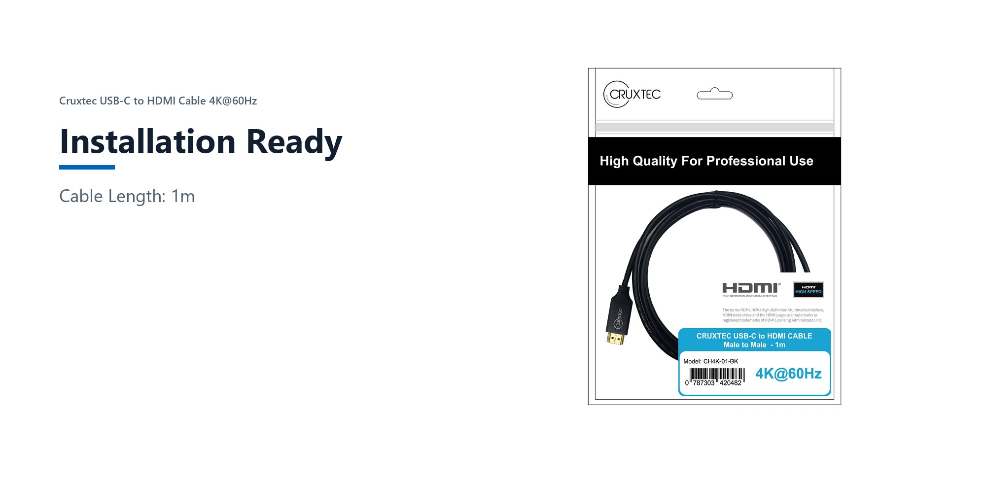 Cruxtec USB-C to HDMI Cable 4K@60Hz (Black 1m) installation ready detail image with verified product information