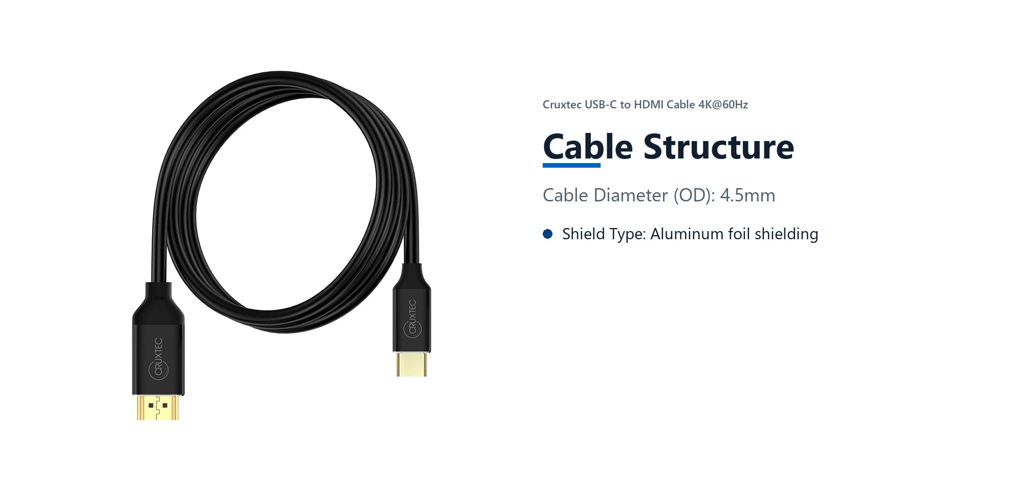 Cruxtec USB-C to HDMI Cable 4K@60Hz (Black 2m) cable structure detail image with verified product information