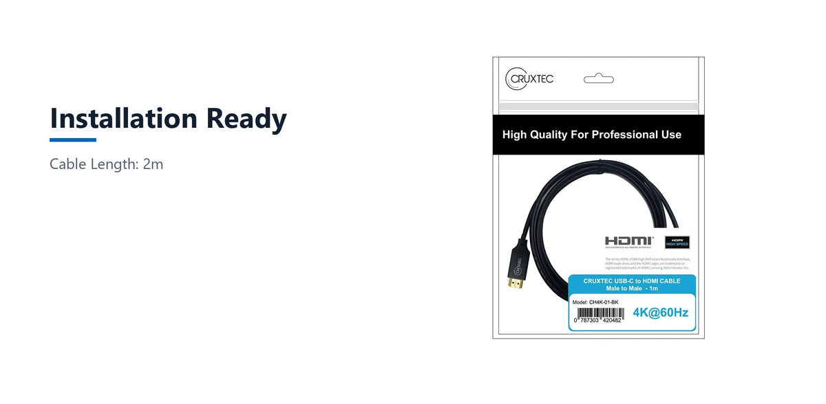 Cruxtec USB-C to HDMI Cable 4K@60Hz (Black 2m) installation ready detail image with verified product information