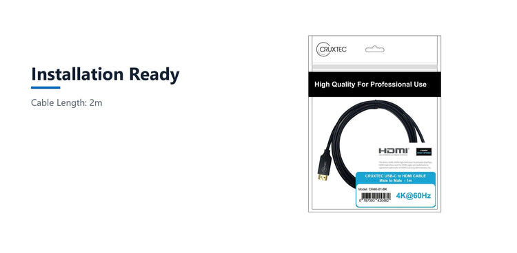 Cruxtec USB-C to HDMI Cable 4K@60Hz (Black 2m) installation ready detail image with verified product information