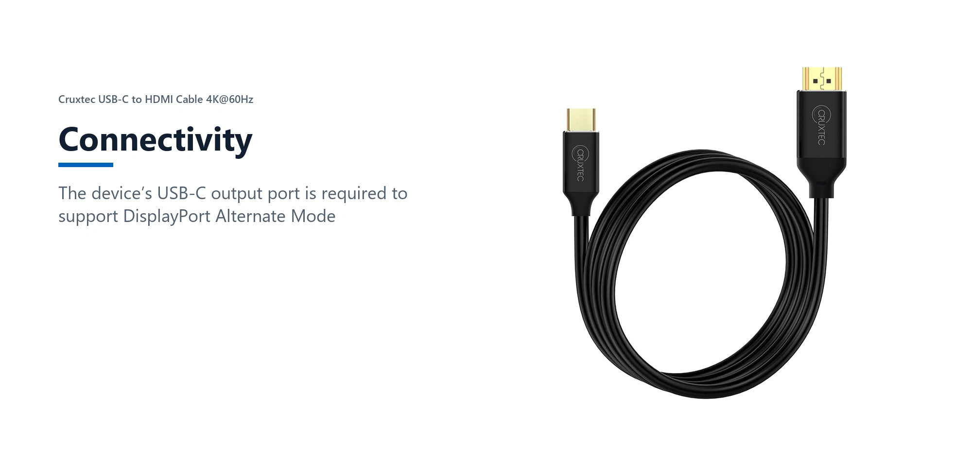 Cruxtec USB-C to HDMI Cable 4K@60Hz (Black 3m) connectivity detail image with verified product information