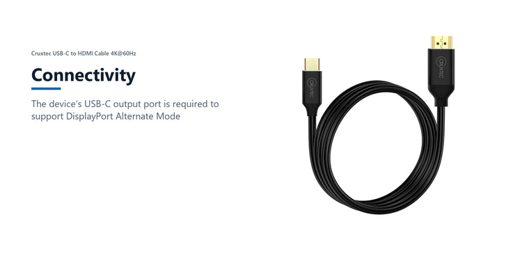 Cruxtec USB-C to HDMI Cable 4K@60Hz (Black 5m) connectivity detail image with verified product information