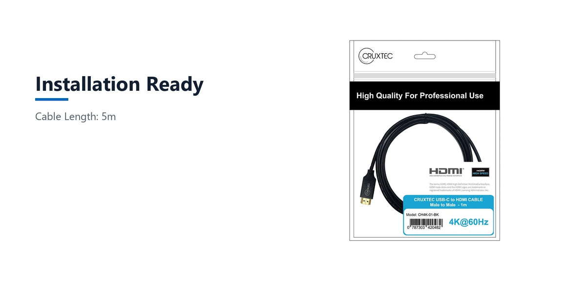 Cruxtec USB-C to HDMI Cable 4K@60Hz (Black 5m) installation ready detail image with verified product information