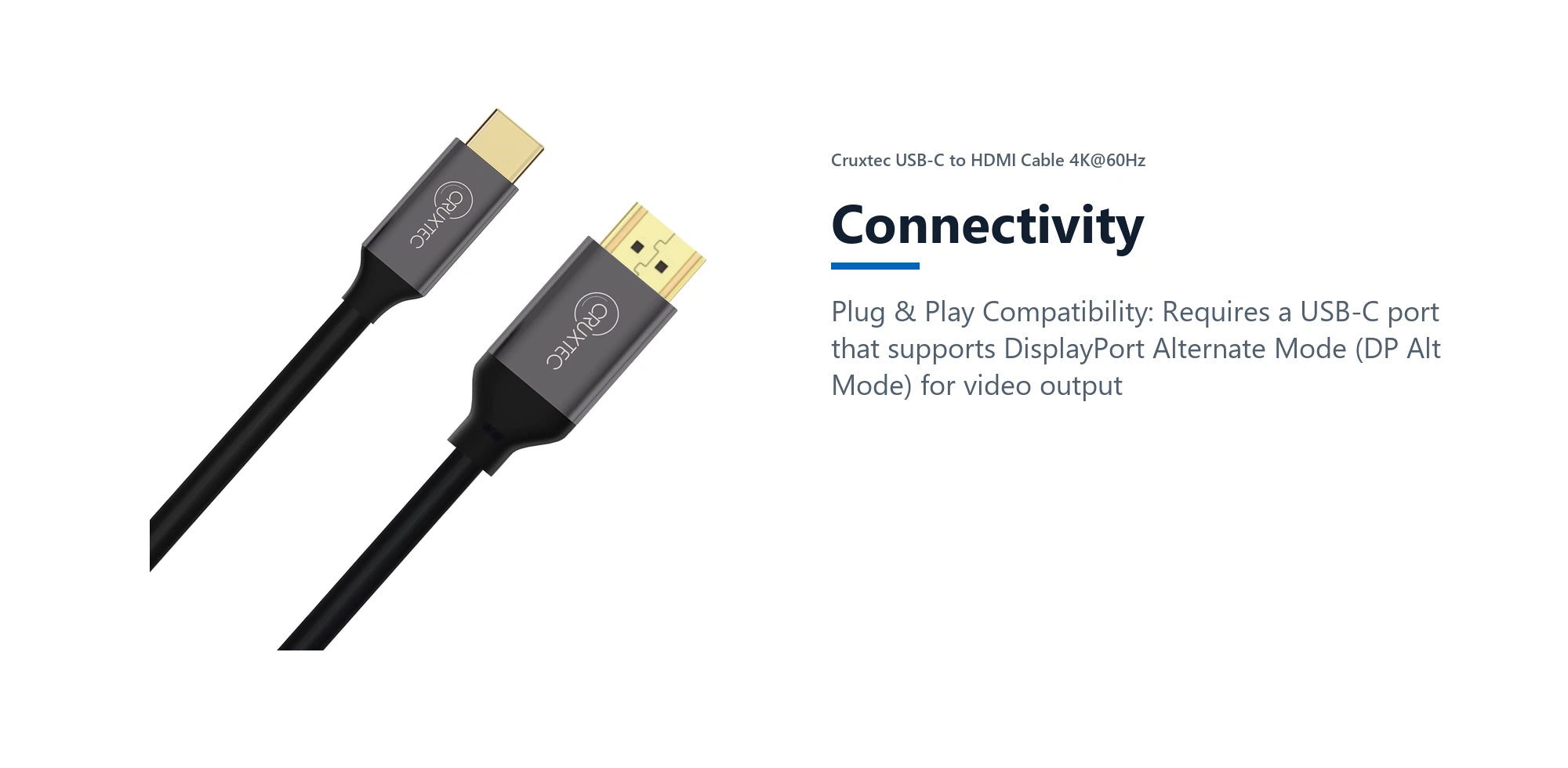 Cruxtec USB-C to HDMI Cable 4K@60Hz (Black 1m) connectivity detail image with verified product information
