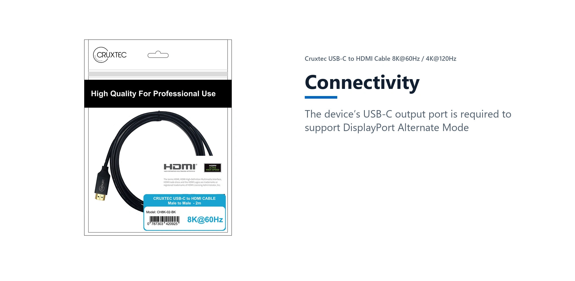 Cruxtec USB-C to HDMI Cable 8K@60Hz / 4K@120Hz (Black 1m) connectivity detail image with verified product information