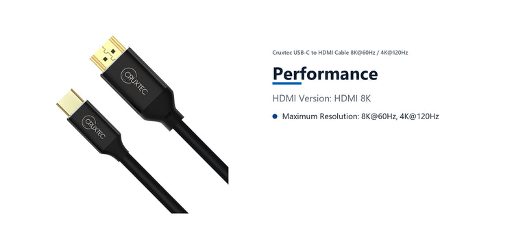 Cruxtec USB-C to HDMI Cable 8K@60Hz / 4K@120Hz (Black 2m) performance detail image with verified product information