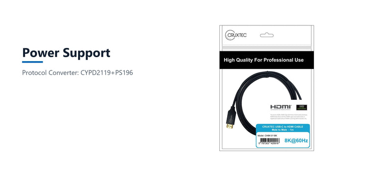 Cruxtec USB-C to HDMI Cable 8K@60Hz / 4K@120Hz (Black 2m) power support detail image with verified product information