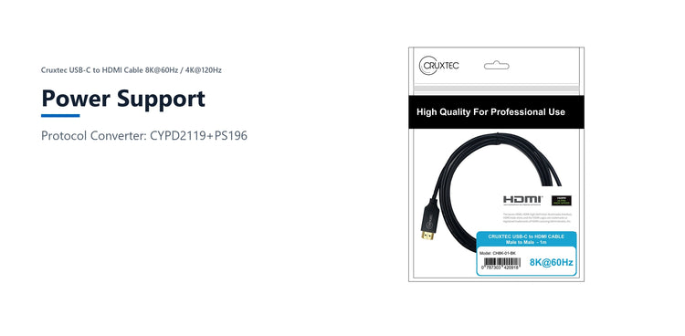 Cruxtec USB-C to HDMI Cable 8K@60Hz / 4K@120Hz (Black 2m) power support detail image with verified product information