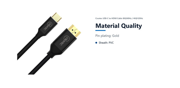 Cruxtec USB-C to HDMI Cable 8K@60Hz / 4K@120Hz (Black 2m) material quality detail image with verified product information