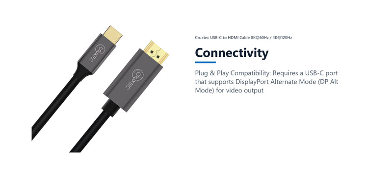 Cruxtec USB-C to HDMI Cable 8K@60Hz / 4K@120Hz (Black 1m) connectivity detail image with verified product information