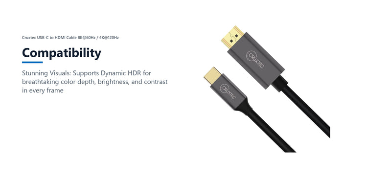 Cruxtec USB-C to HDMI Cable 8K@60Hz / 4K@120Hz (Black 1m) compatibility detail image with verified product information