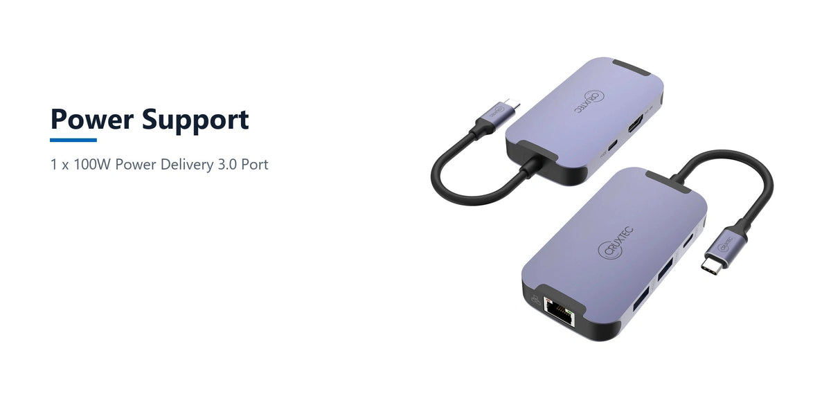 Cruxtec 6-in-1 USB-C Mini Dock power support detail image with verified product information