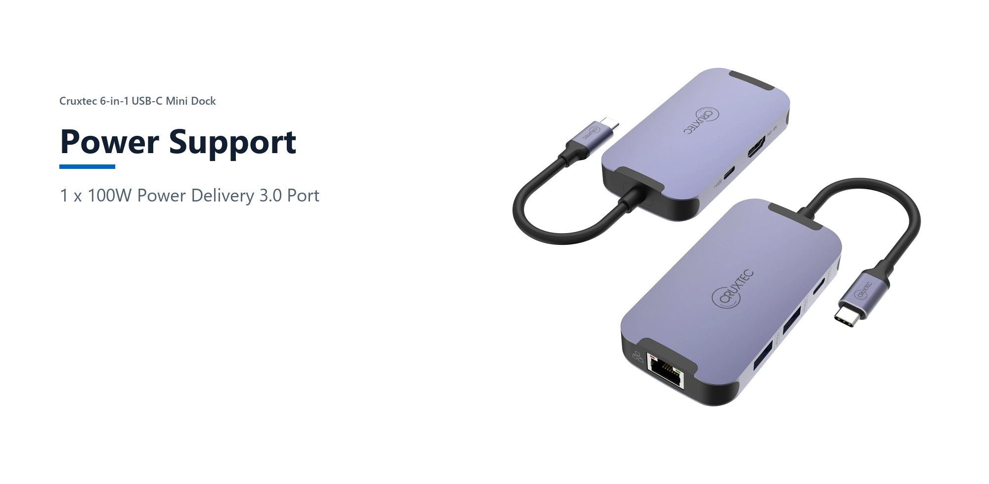 Cruxtec 6-in-1 USB-C Mini Dock power support detail image with verified product information