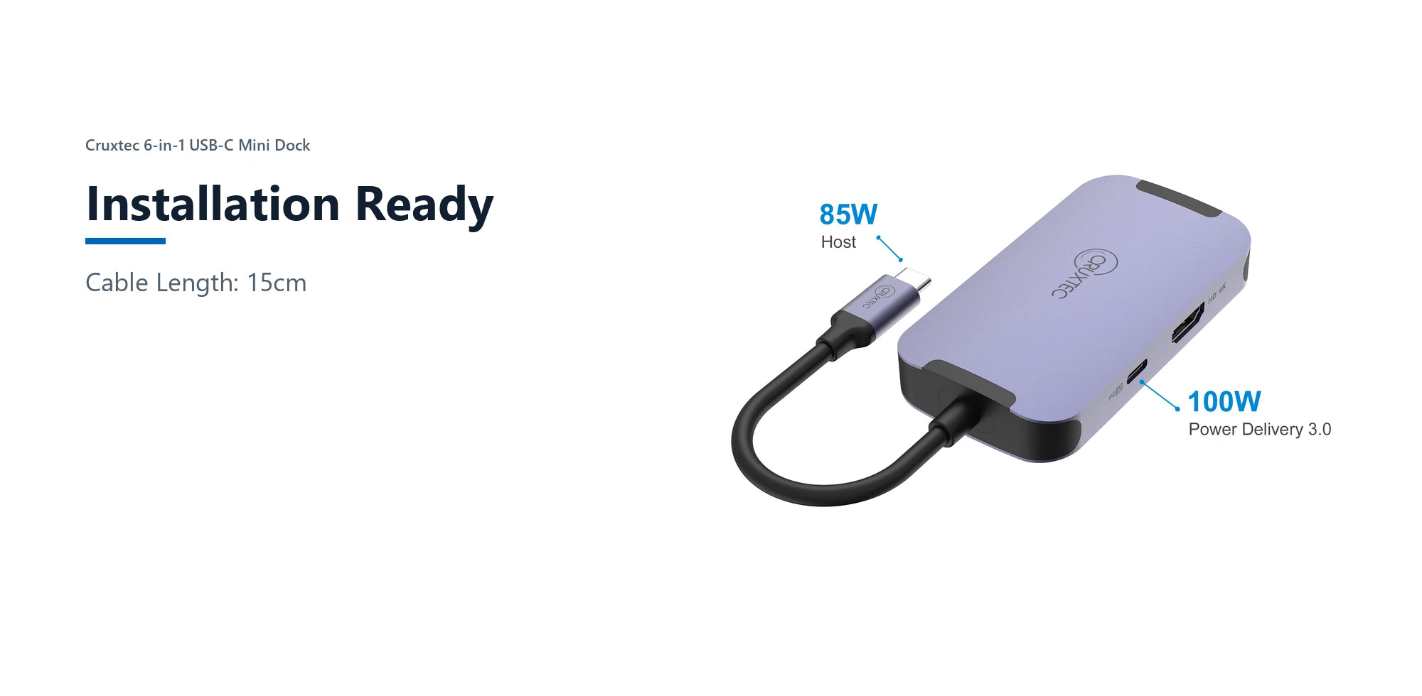Cruxtec 6-in-1 USB-C Mini Dock installation ready detail image with verified product information